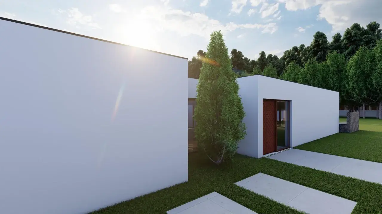 Entrada da moradia com porta em madeira — Eco Village Enxomil