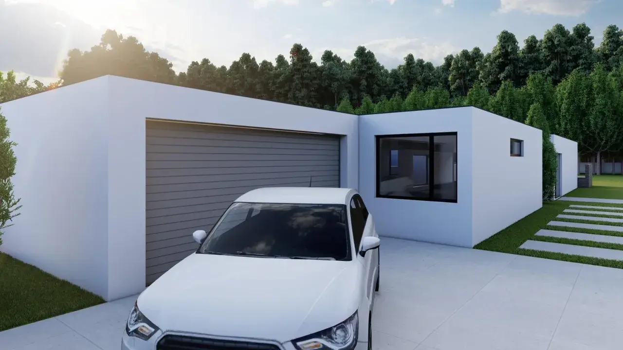 Fachada e garagem da moradia T4 — Eco Village Enxomil