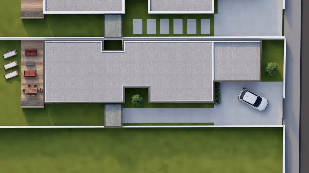 Vista 3D aérea da moradia T4 — Eco Village Enxomil